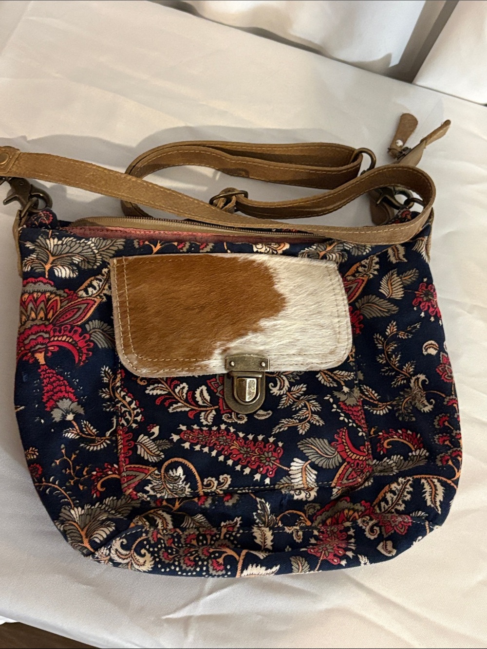 Myra Bag Navy Floral Crossbody with Brown and White Haircalf Flap